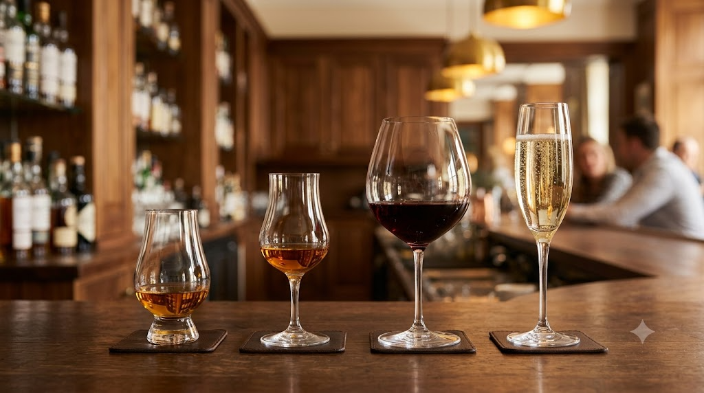 Bốn loại ly whisky, cognac, vang đỏ và champagne xếp hàng trên quầy bar gỗ
