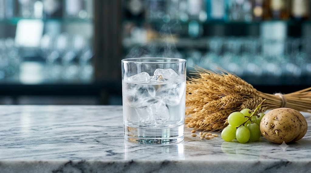 Ly vodka đá lạnh cạnh bông lúa mì, nho xanh và củ khoai tây trên mặt đá cẩm thạch