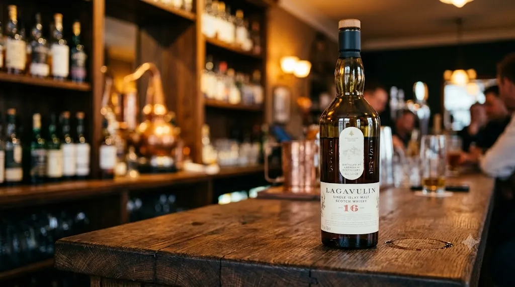 Chai rượu Lagavulin 16 Years Single Islay Malt Scotch Whisky trên quầy bar