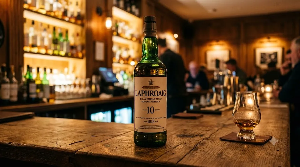 Chai rượu Laphroaig 10 Years Islay Single Malt Scotch Whisky trên quầy bar