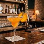 Ly cocktail màu cam viền muối trang trí lát cam trên quầy bar Pháp