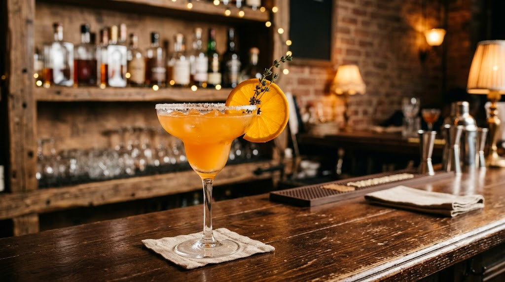 Ly cocktail màu cam viền muối trang trí lát cam trên quầy bar Pháp