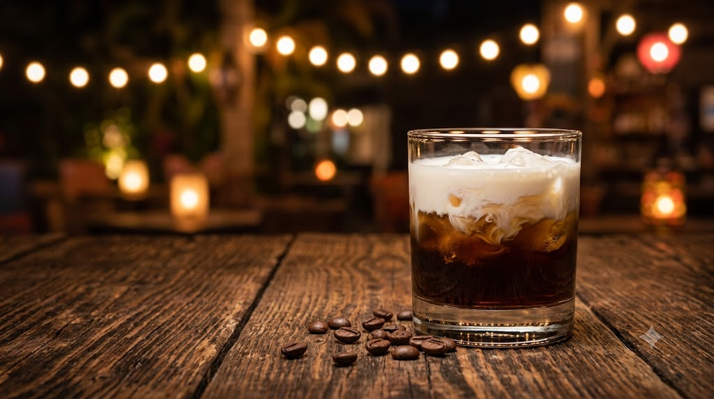 Ly cocktail White Russian màu nâu cà phê có lớp kem nổi, hạt cà phê rang cạnh bên