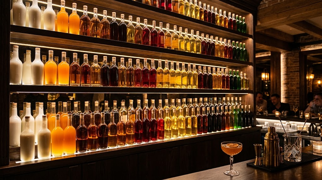 Kệ bar nhiều chai rượu mùi liqueur đủ màu không nhãn hiệu
