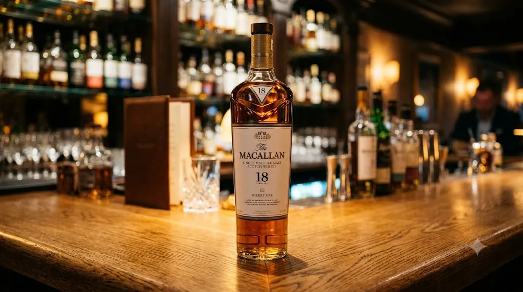 Chai Macallan 18 năm Sherry Oak đặt trên quầy bar gỗ