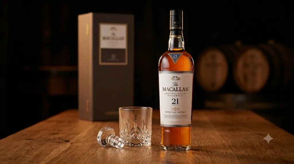 Chai rượu The Macallan 21 Year Old Triple Cask Matured trên bàn gỗ, hộp phía sau