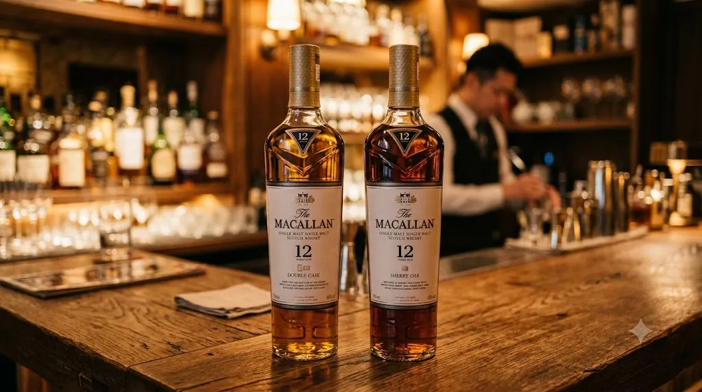 Chai The Macallan 12 Double Cask và Sherry Oak trên quầy bar