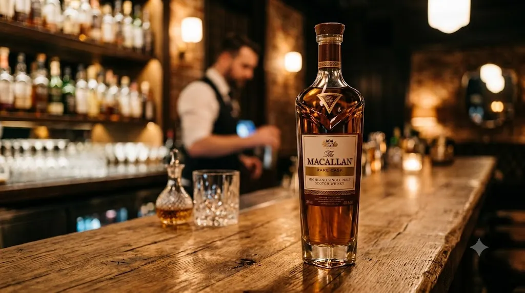Chai rượu The Macallan Rare Cask Highland Single Malt Scotch Whisky trên quầy bar