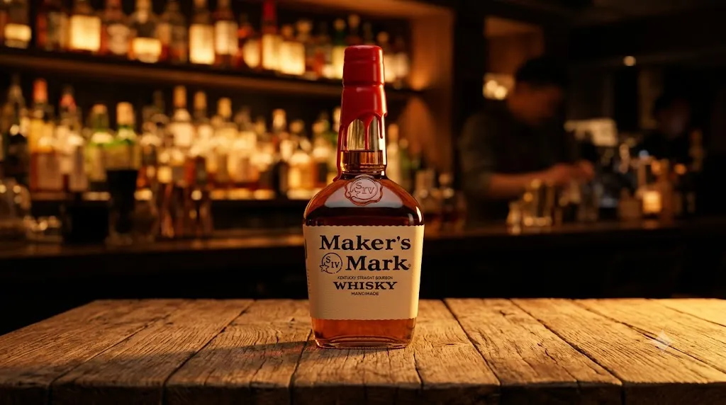 Chai rượu Maker's Mark Kentucky Straight Bourbon Whisky trên quầy bar