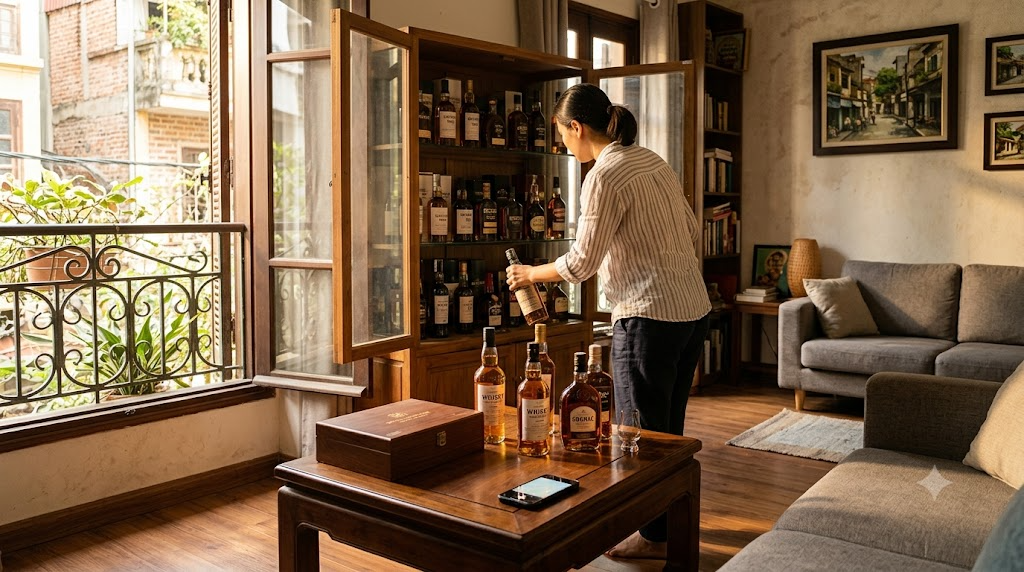 Người chọn chai whisky và cognac từ tủ rượu trong phòng khách nhà phố Hà Nội để chụp ảnh gửi báo giá