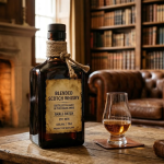 Chai whisky Scotch blended dáng vuông có dây thừng quanh cổ trong thư phòng kiểu Anh