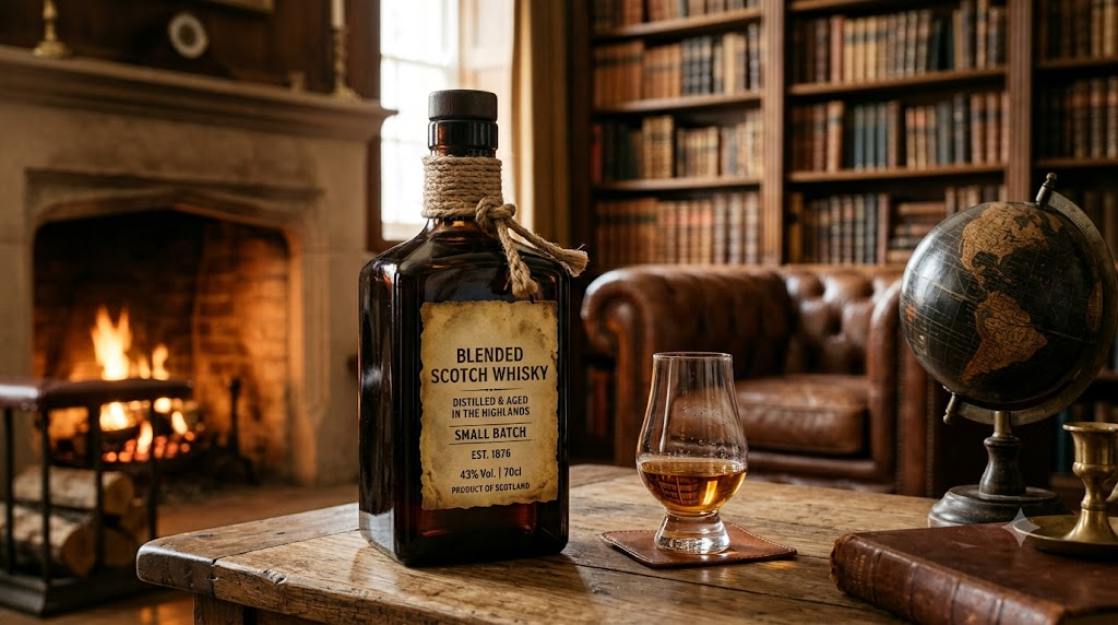 Chai whisky Scotch blended dáng vuông có dây thừng quanh cổ trong thư phòng kiểu Anh