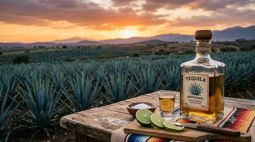 Chai rượu Patrón tequila trên bàn gỗ ngoài trời với cánh đồng agave Mexico phía sau