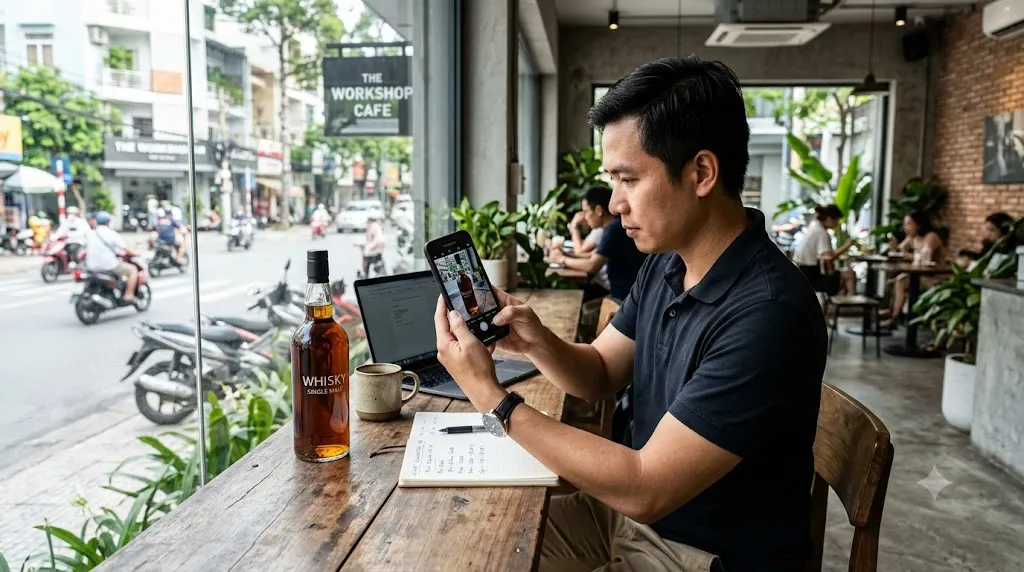Người đàn ông dùng điện thoại chụp chai whisky trên bàn quán cà phê