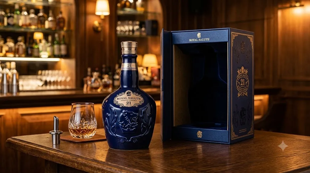 Bình sứ Royal Salute 21 năm màu xanh dương đặt cạnh hộp mở nắp