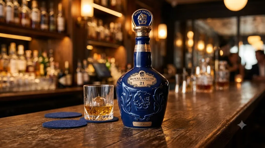Bình sứ Royal Salute 21 năm màu xanh cạnh ly whisky trên quầy bar