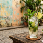 Ly Mojito bạc hà chanh trên bàn gỗ, tường pastel loang lổ phong cách Cuba phía sau