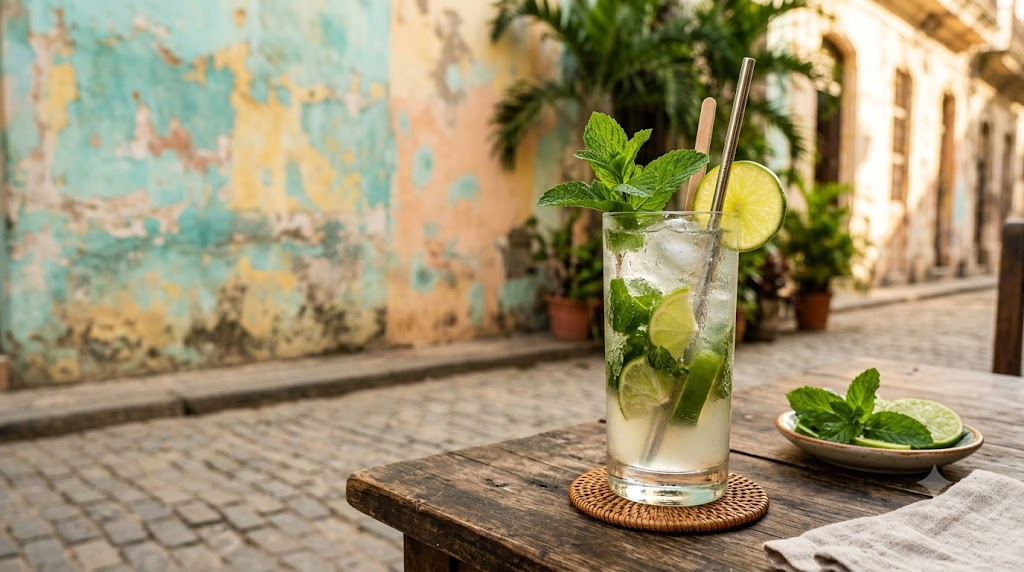 Ly Mojito bạc hà chanh trên bàn gỗ, tường pastel loang lổ phong cách Cuba phía sau
