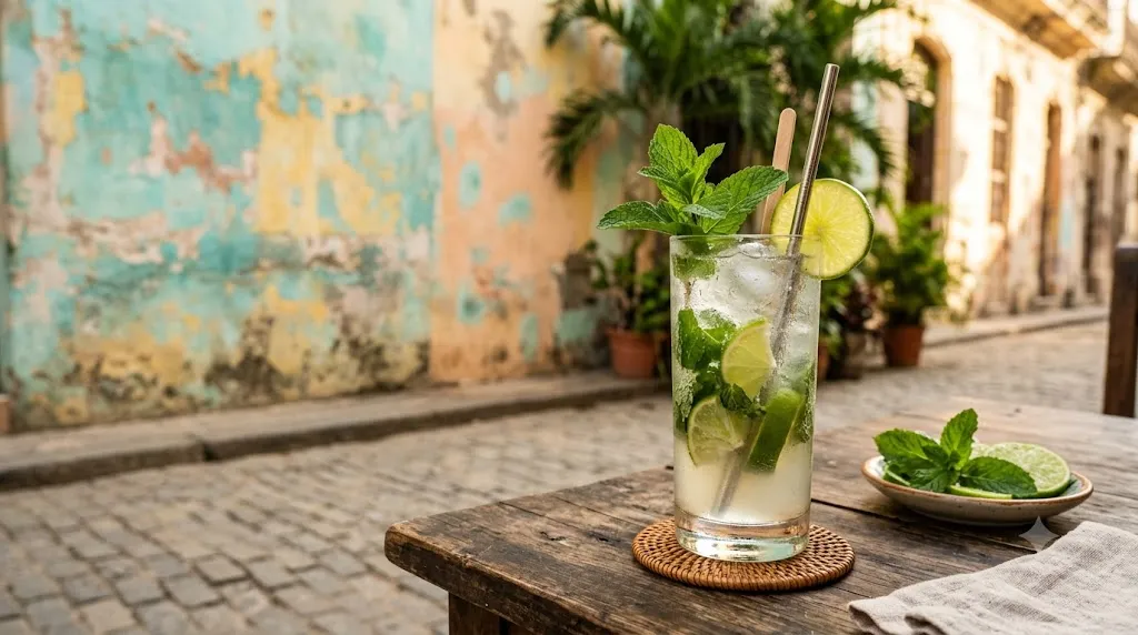 Ly Mojito bạc hà chanh trên bàn gỗ, tường pastel loang lổ phong cách Cuba phía sau