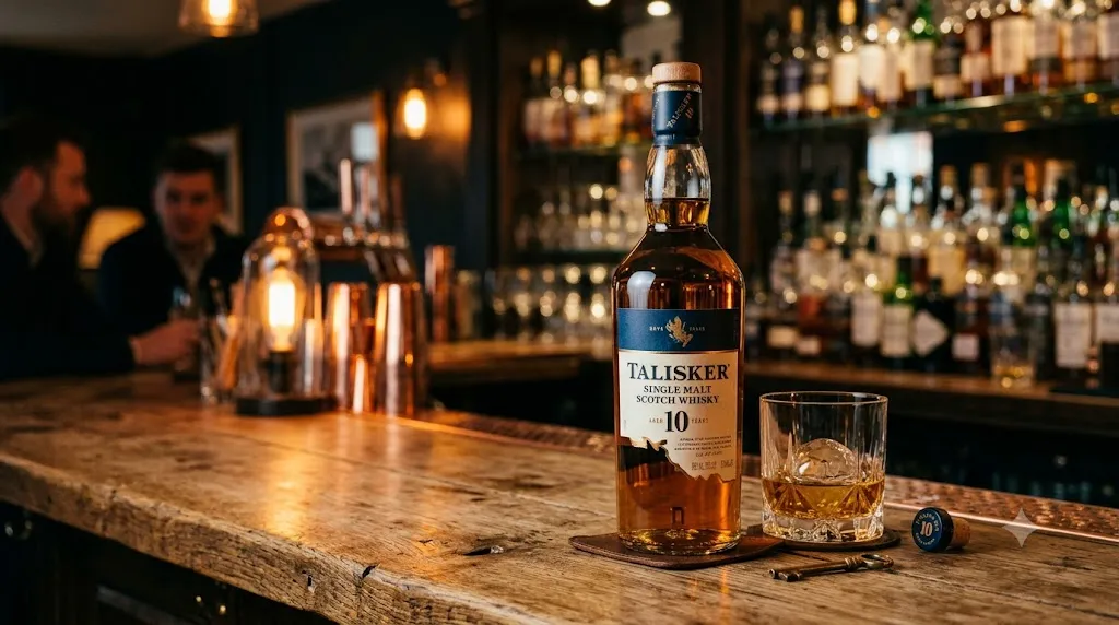 Chai rượu Talisker 10 Years Single Malt Scotch Whisky trên quầy bar