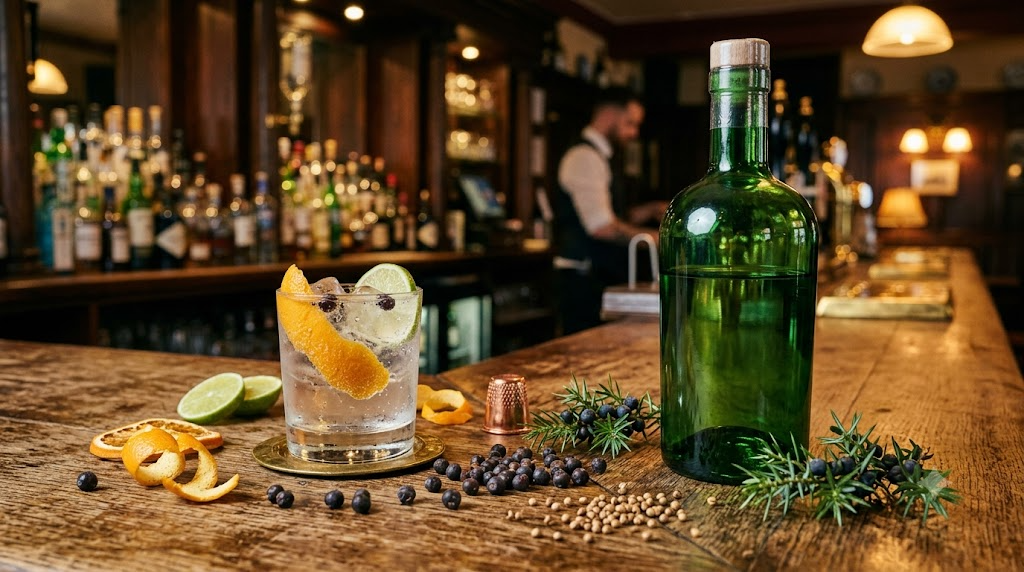 Chai gin Tanqueray tại quầy bar cổ điển kèm thảo mộc và ly gin tonic