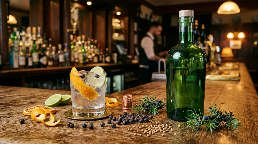Chai gin Tanqueray tại quầy bar cổ điển kèm thảo mộc và ly gin tonic