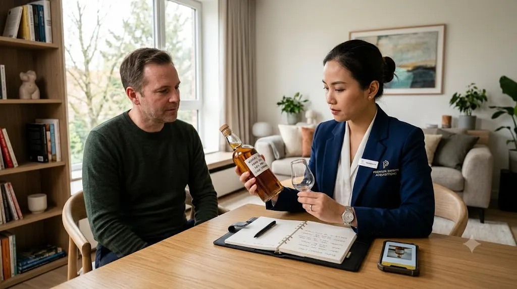 Nhân viên thẩm định cầm chai rượu trao đổi với khách tại bàn trong phòng khách