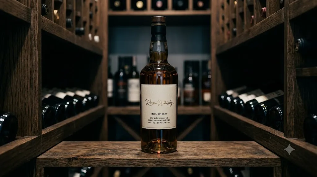 Chai whisky đặt đứng trên kệ gỗ trong tủ rượu