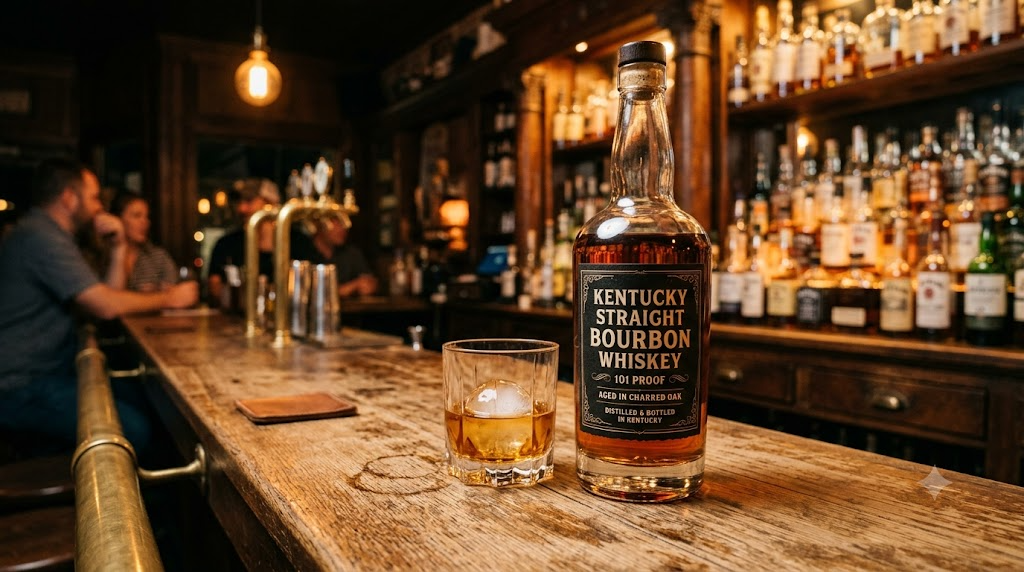 Chai bourbon 101 proof trên quầy gỗ cũ trong quán bar miền quê Kentucky về đêm
