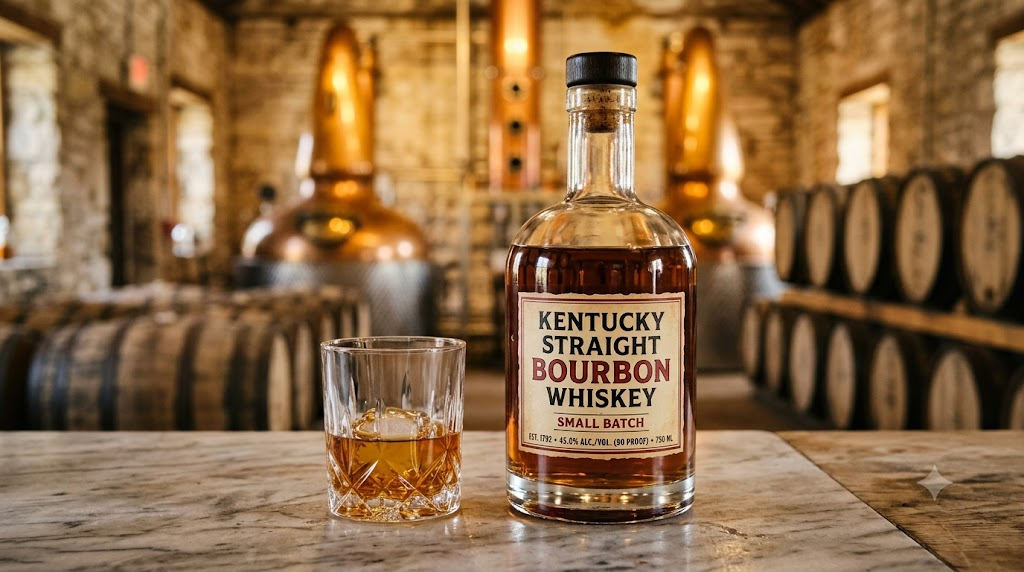 Chai bourbon small batch trên bàn đá trong nhà máy chưng cất đá vôi với nồi đồng