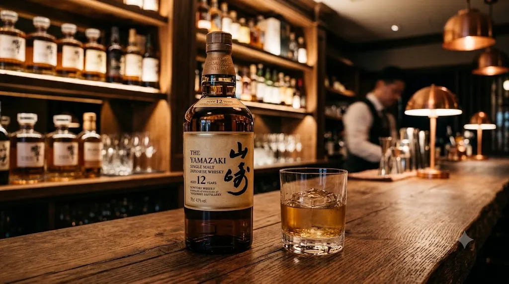 Chai rượu The Yamazaki 12 Years Single Malt Japanese Whisky trên quầy bar