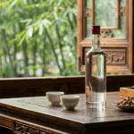 Chai bạch tửu thủy tinh trong trên bàn trà gỗ kiểu Tứ Xuyên