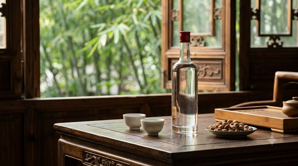 Chai bạch tửu thủy tinh trong trên bàn trà gỗ kiểu Tứ Xuyên