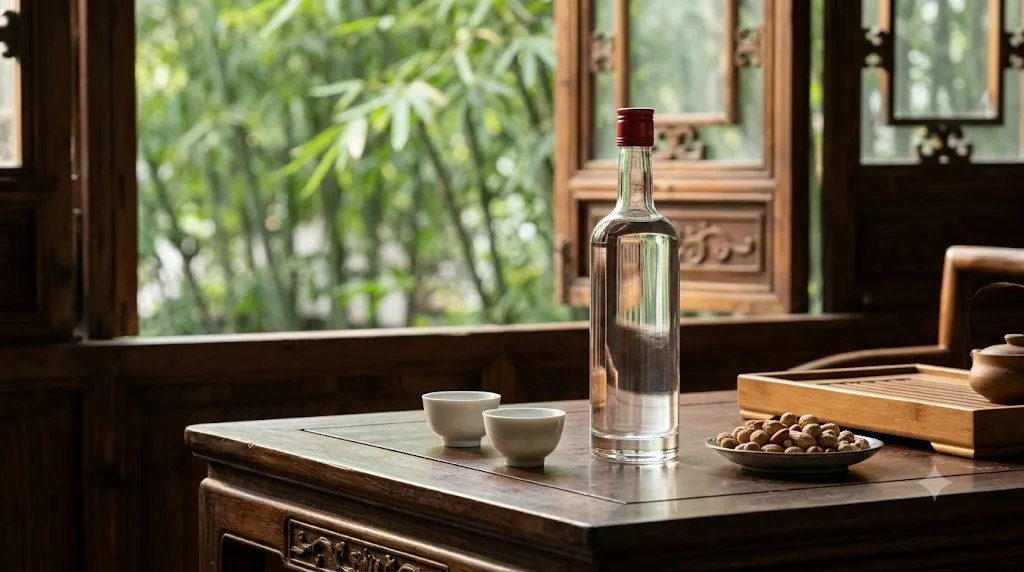 Chai bạch tửu thủy tinh trong trên bàn trà gỗ kiểu Tứ Xuyên