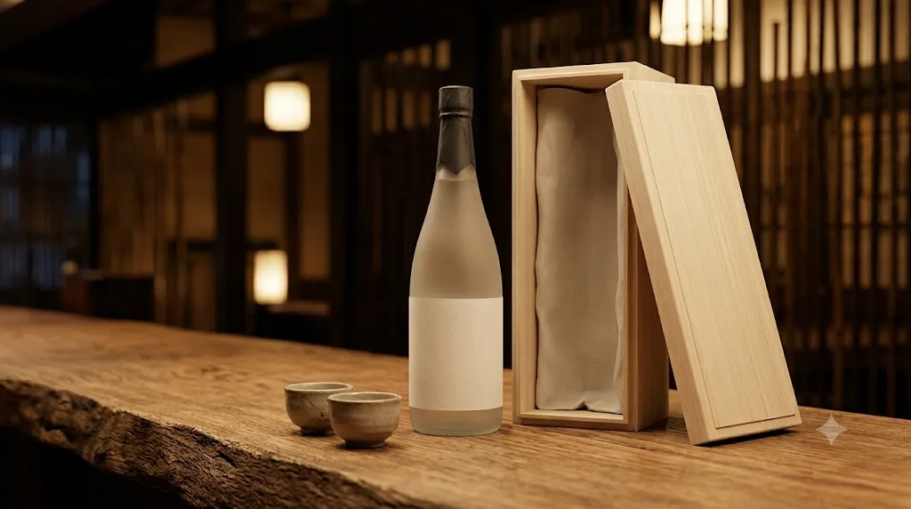 Chai sake Nhật cao cấp bên hộp gỗ paulownia và chén sứ