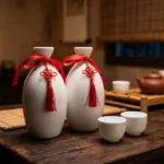 Hai chai bạch tửu sứ trắng buộc dây lụa đỏ cạnh hai ly nhỏ trên bàn gỗ phòng trà