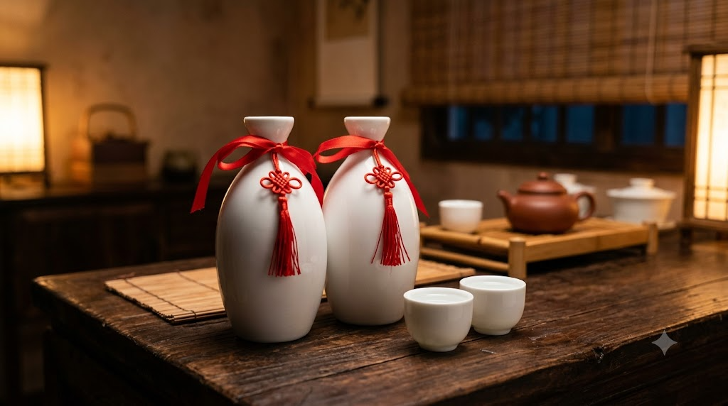 Hai chai bạch tửu sứ trắng buộc dây lụa đỏ cạnh hai ly nhỏ trên bàn gỗ phòng trà