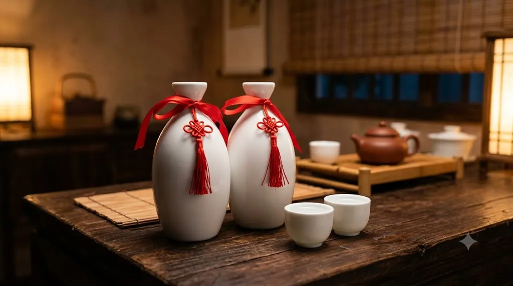 Hai chai bạch tửu thân sứ trắng buộc dây lụa đỏ cạnh hai ly nhỏ trên bàn gỗ